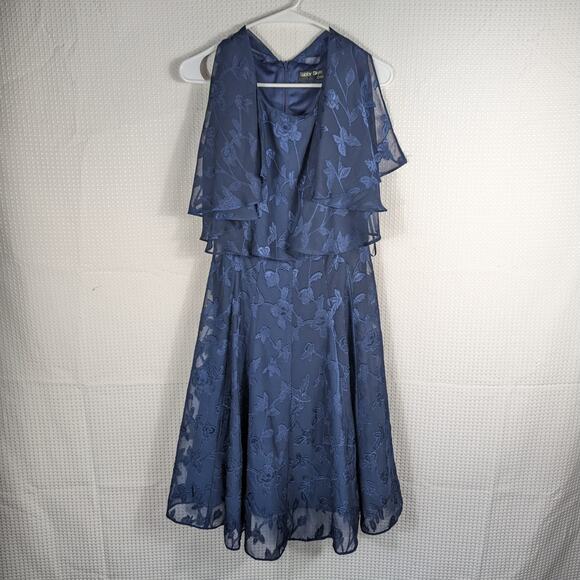 Gabby Skye 10 Blue Floral Chiffon Overlay Sleeveless Midi Dress Lined Event - Picture 1 of 4